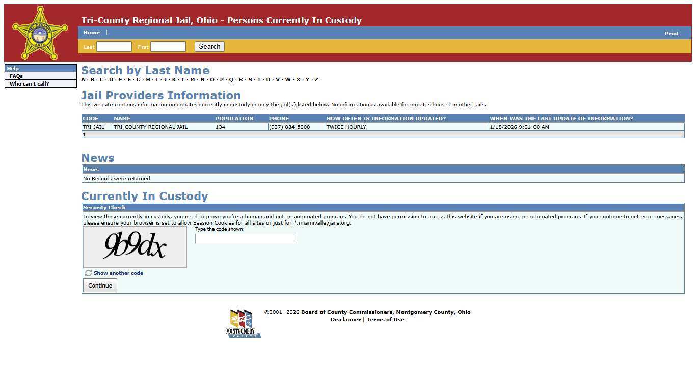 Tri-County Regional Jail, Ohio - Persons Currently In Custody